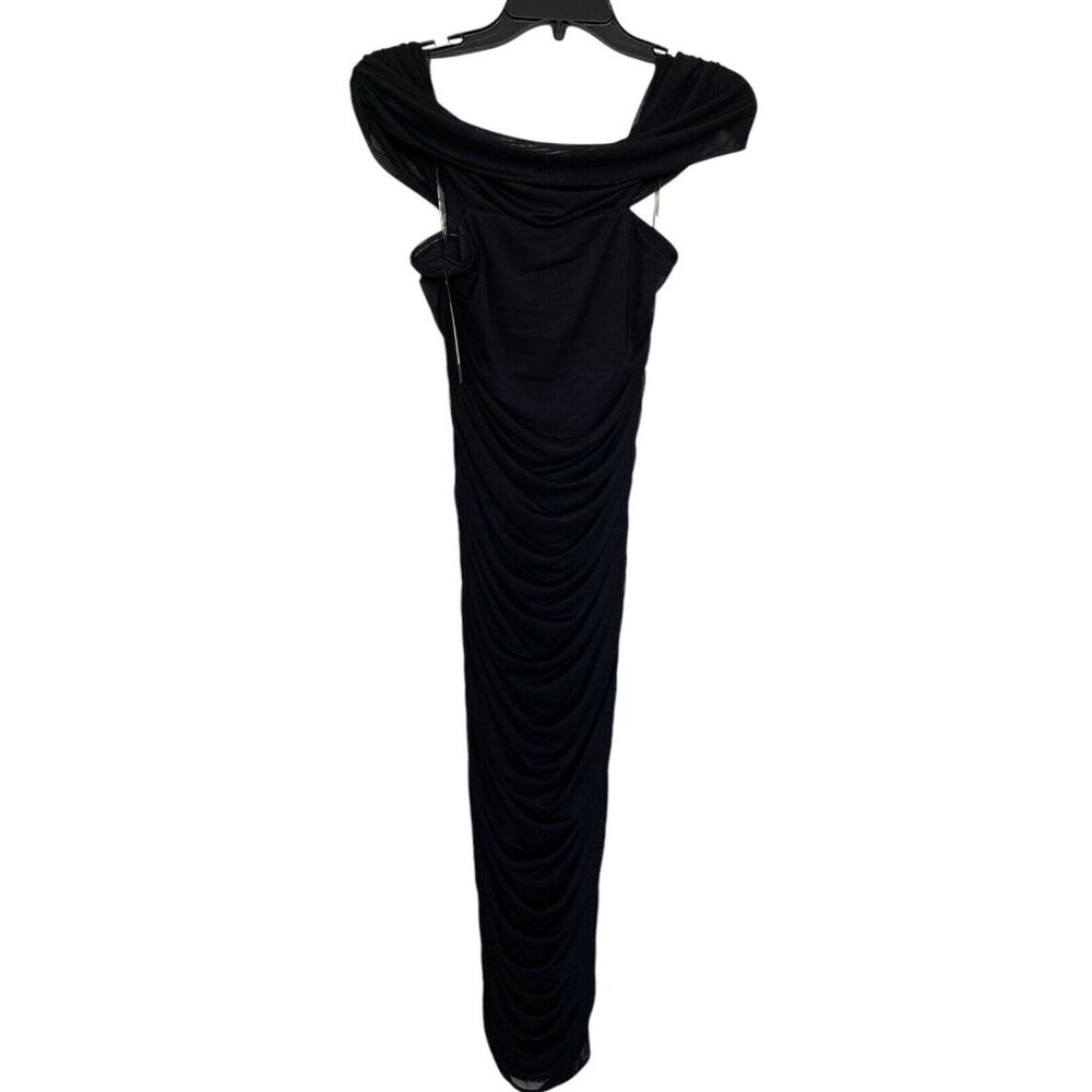 Bebe Dress Womens Size Small S Black Ruched Mesh Bodycon Off Shoulder‎ Ladies